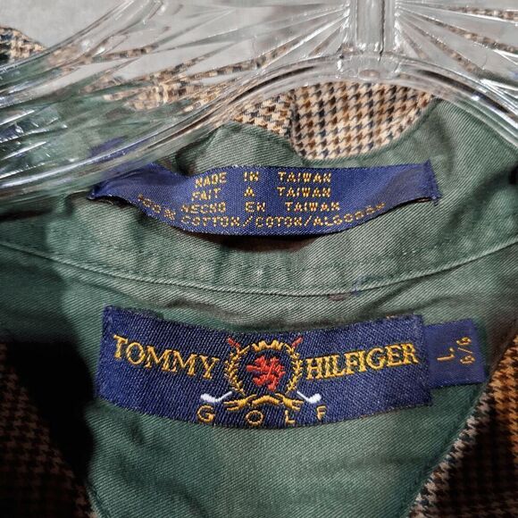 Vtg Tommy Hilfiger Shirt Mens Large Tan Plaid Golf Performace Collar Button Up - Picture 2 of 9